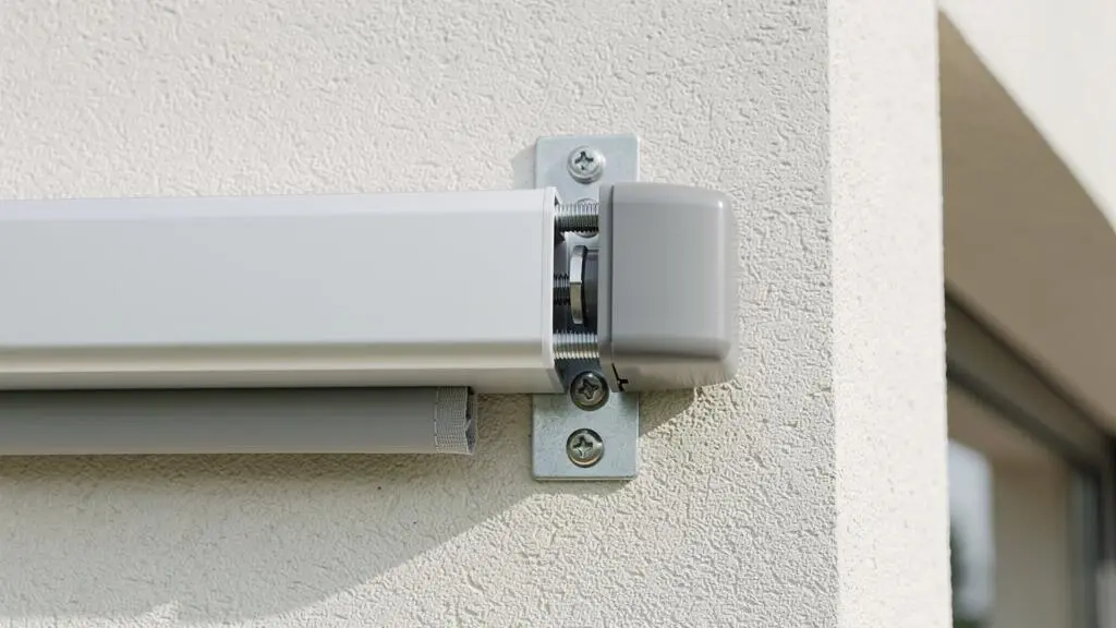 Gros plan sur l'extrémité d'un coffre de store banne installé montrant la marge de sécurité entre le coffre et le bord du mur