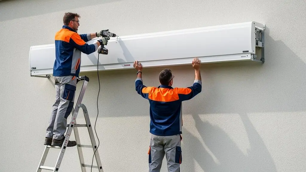 Deux installateurs professionnels fixant un coffre de store banne de grande dimension sur une façade résidentielle