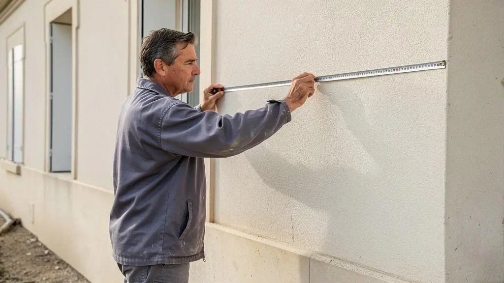 Professionnel mesurant une façade de maison avec un mètre ruban pour vérifier la largeur disponible