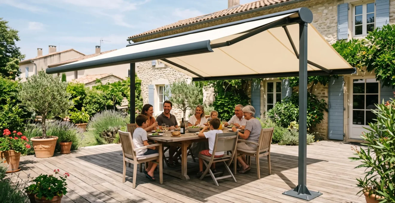 Store autoportant double pente installé sur une terrasse créant une grande zone d'ombre pour un salon de jardin avec famille