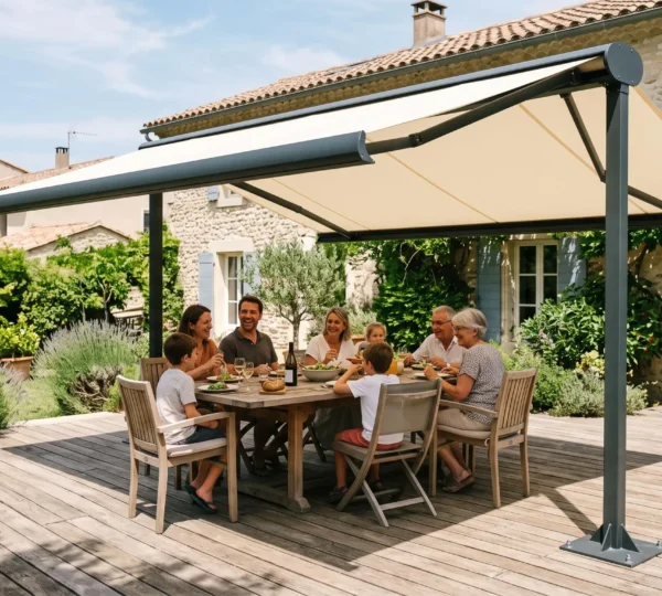 Store autoportant double pente installé sur une terrasse créant une grande zone d'ombre pour un salon de jardin avec famille