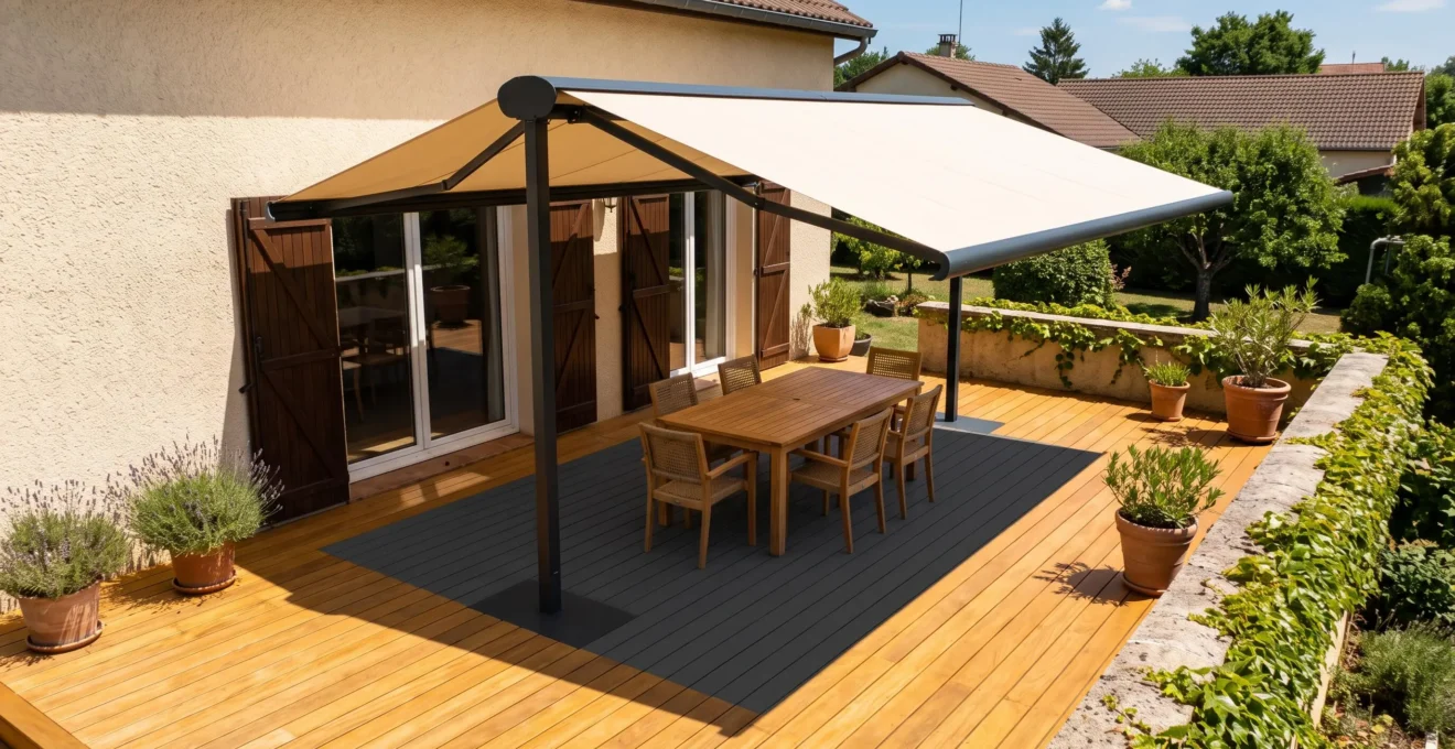 Vue en plongée d'une terrasse montrant la surface d'ombre créée par un store autoportant couvrant une table et des chaises